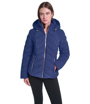 KARL LAGERFELD PARIS Women's Chevron-Quilted Hooded Puffer Jacket for Warm Everyday Layering, Navy Blue, XS