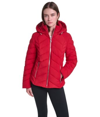 KARL LAGERFELD PARIS Women's Chevron-Quilted Hooded Puffer Jacket for Warm Everyday Layering, Red, XS