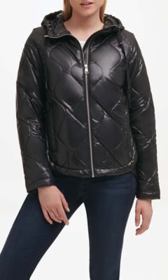 KARL LAGERFELD PARIS Women's Onion-Quilted Hooded Puffer Jacket for Cozy Everyday Warmth, Black, XS