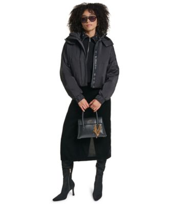 KARL LAGERFELD PARIS Women's Sporty Hooded Bomber Jacket with Signature Logo-Tape Trim, Black, XS