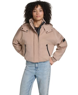 KARL LAGERFELD PARIS Women's Sporty Hooded Bomber Jacket with Signature Logo-Tape Trim
