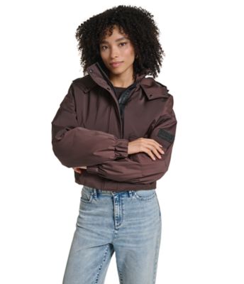 KARL LAGERFELD PARIS Women's Sporty Hooded Bomber Jacket with Signature Logo-Tape Trim, XS