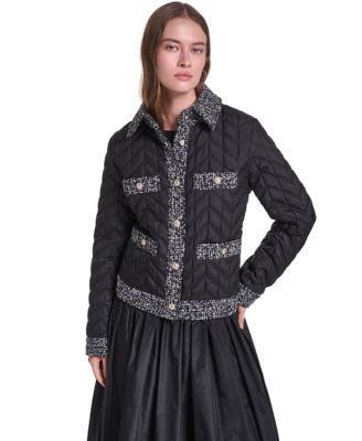 KARL LAGERFELD PARIS Women's Short Agness Tweed Jacket with Diamond-Quilted Finish, Black, Large