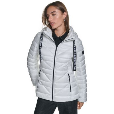 KARL LAGERFELD PARIS Women's Chevron-Quilted Puffer Jacket with Signature Logo Drawcords, White, XS