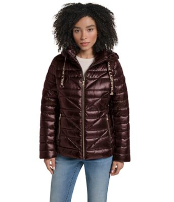 KARL LAGERFELD PARIS Women's Chevron-Quilted Puffer Jacket with Signature Logo Drawcords, XS