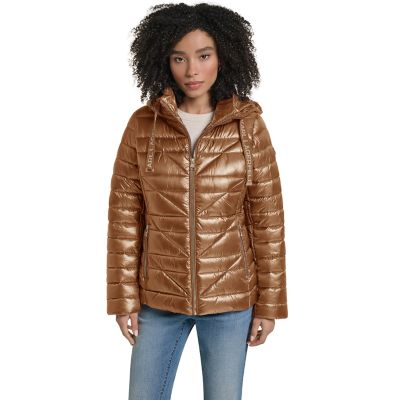 KARL LAGERFELD PARIS Women's Chevron-Quilted Puffer Jacket with Signature Logo Drawcords, XS