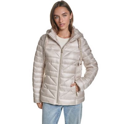 KARL LAGERFELD PARIS Women's Chevron-Quilted Puffer Jacket with Signature Logo Drawcords, Champagne, XS