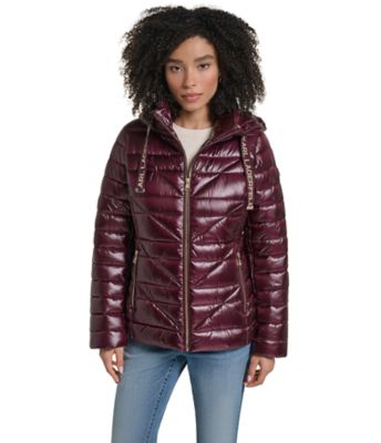 KARL LAGERFELD PARIS Women's Chevron-Quilted Puffer Jacket with Signature Logo Drawcords, XS