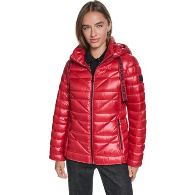 KARL LAGERFELD PARIS Women's Chevron-Quilted Puffer Jacket with Signature Logo Drawcords, Red, XS