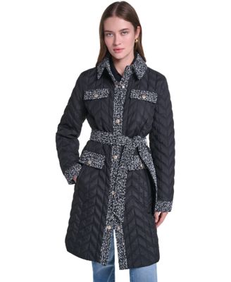KARL LAGERFELD PARIS Women's Long Agness Tweed Coat with Elegant Quilted Finish, Black, Large