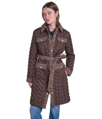 KARL LAGERFELD PARIS Women's Long Agness Tweed Coat with Elegant Quilted Finish, Large