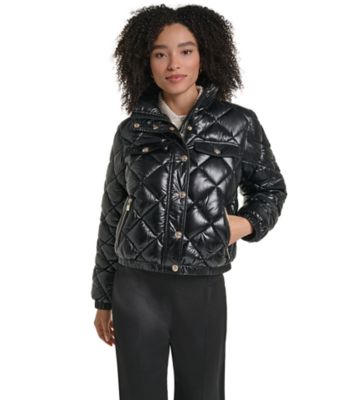 KARL LAGERFELD PARIS Women's Classic Diamond-Quilted Bomber Jacket with Polished Finish, Black, Small