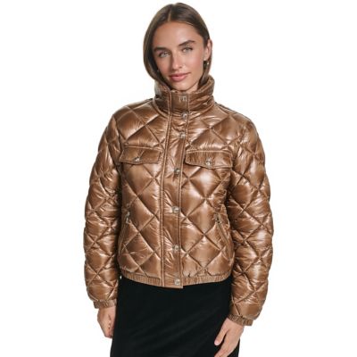 KARL LAGERFELD PARIS Women's Classic Diamond-Quilted Bomber Jacket with Polished Finish, XS