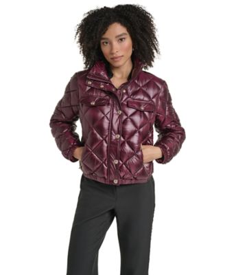 KARL LAGERFELD PARIS Women's Classic Diamond-Quilted Bomber Jacket with Polished Finish, Large