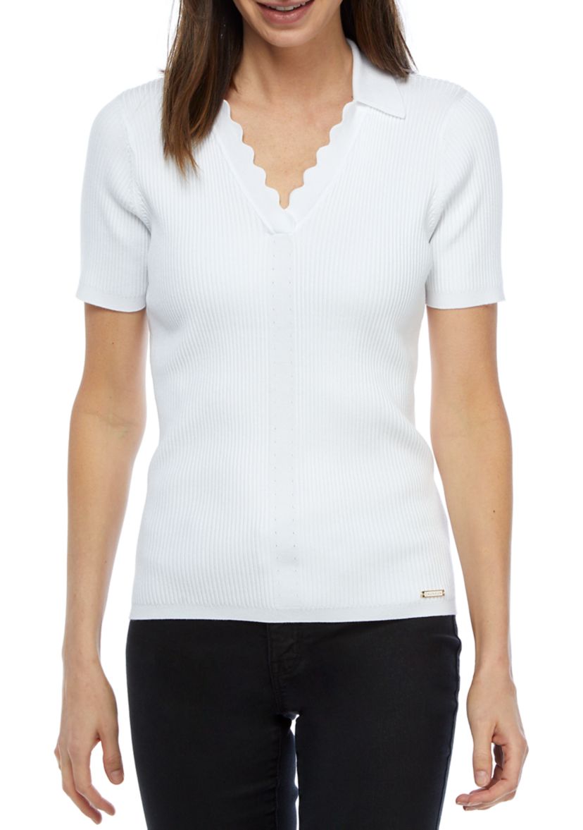 Short Sleeve Scallop Split Neck Collar Knit Sweater