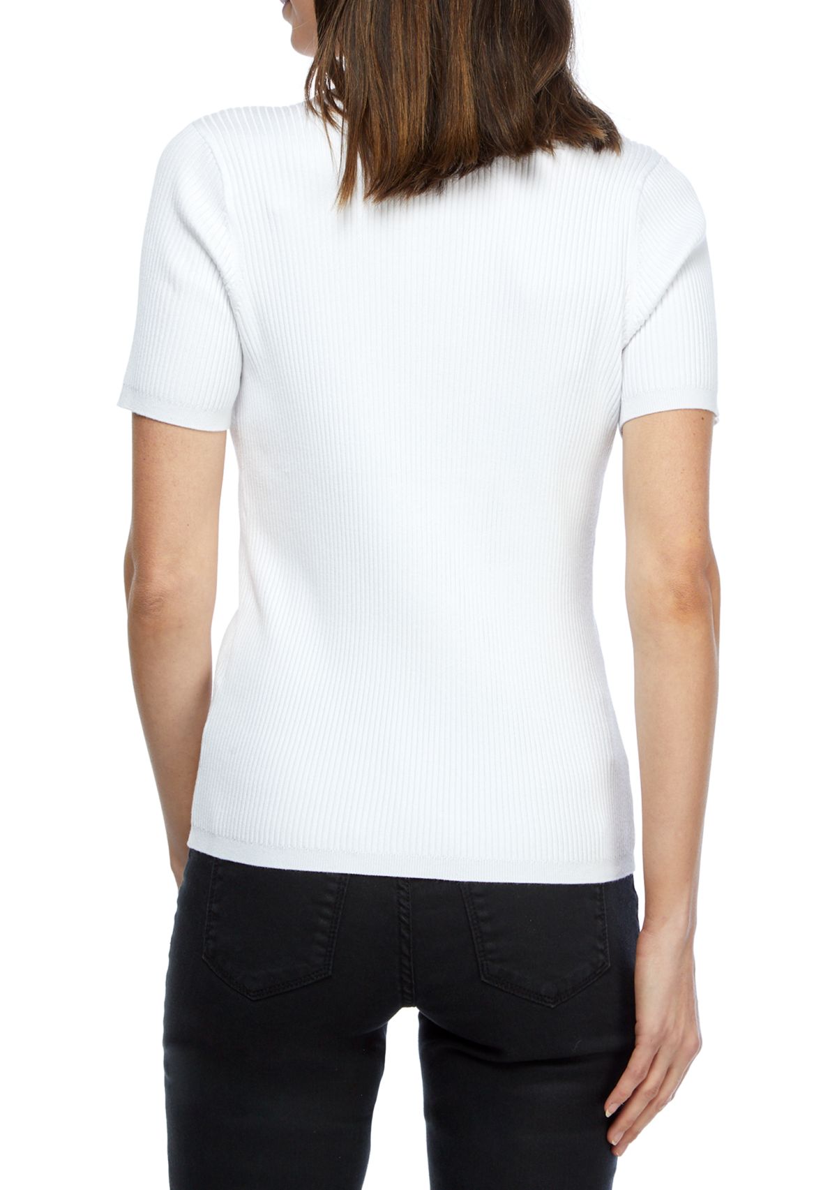 Short Sleeve Scallop Split Neck Collar Knit Sweater