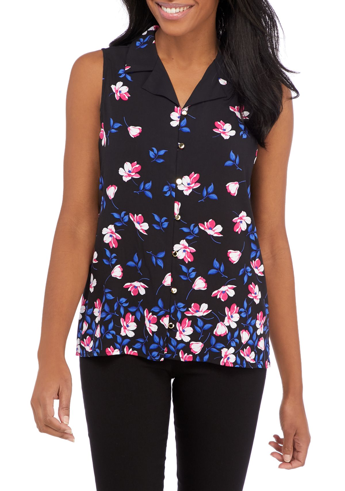 Sleeveless Button Front Floral Blouse