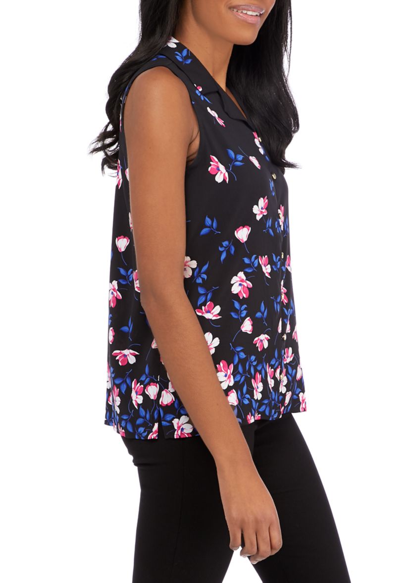 Sleeveless Button Front Floral Blouse