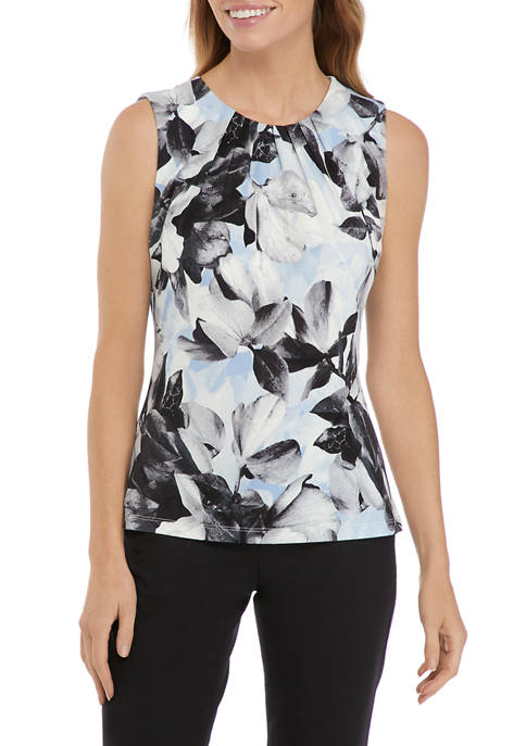 Sleeveless Pleat Neck Floral Knit Top 