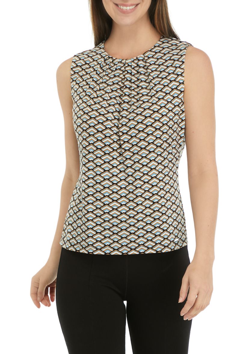 Womens Pleat Neck Geo Print Knit Top