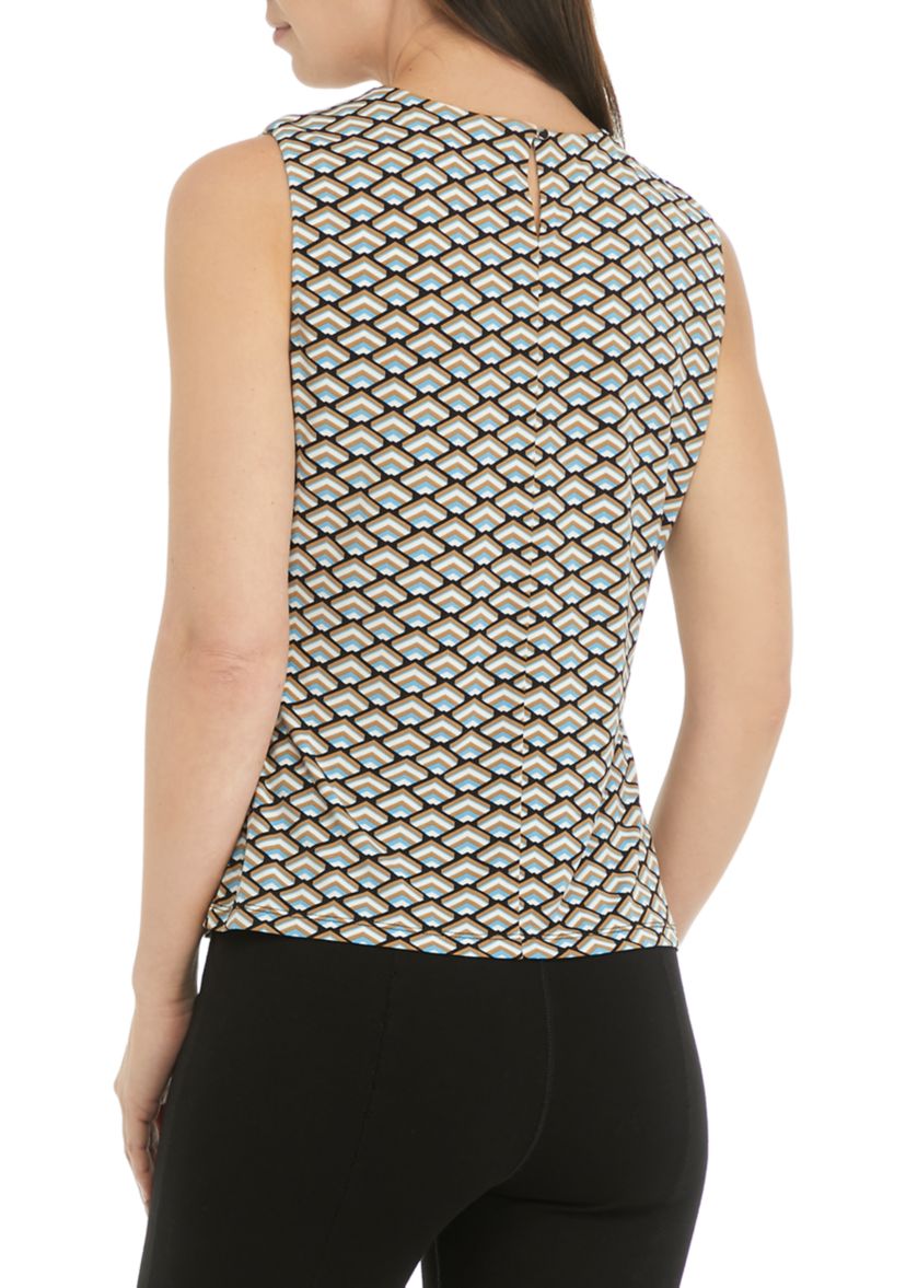 Womens Pleat Neck Geo Print Knit Top