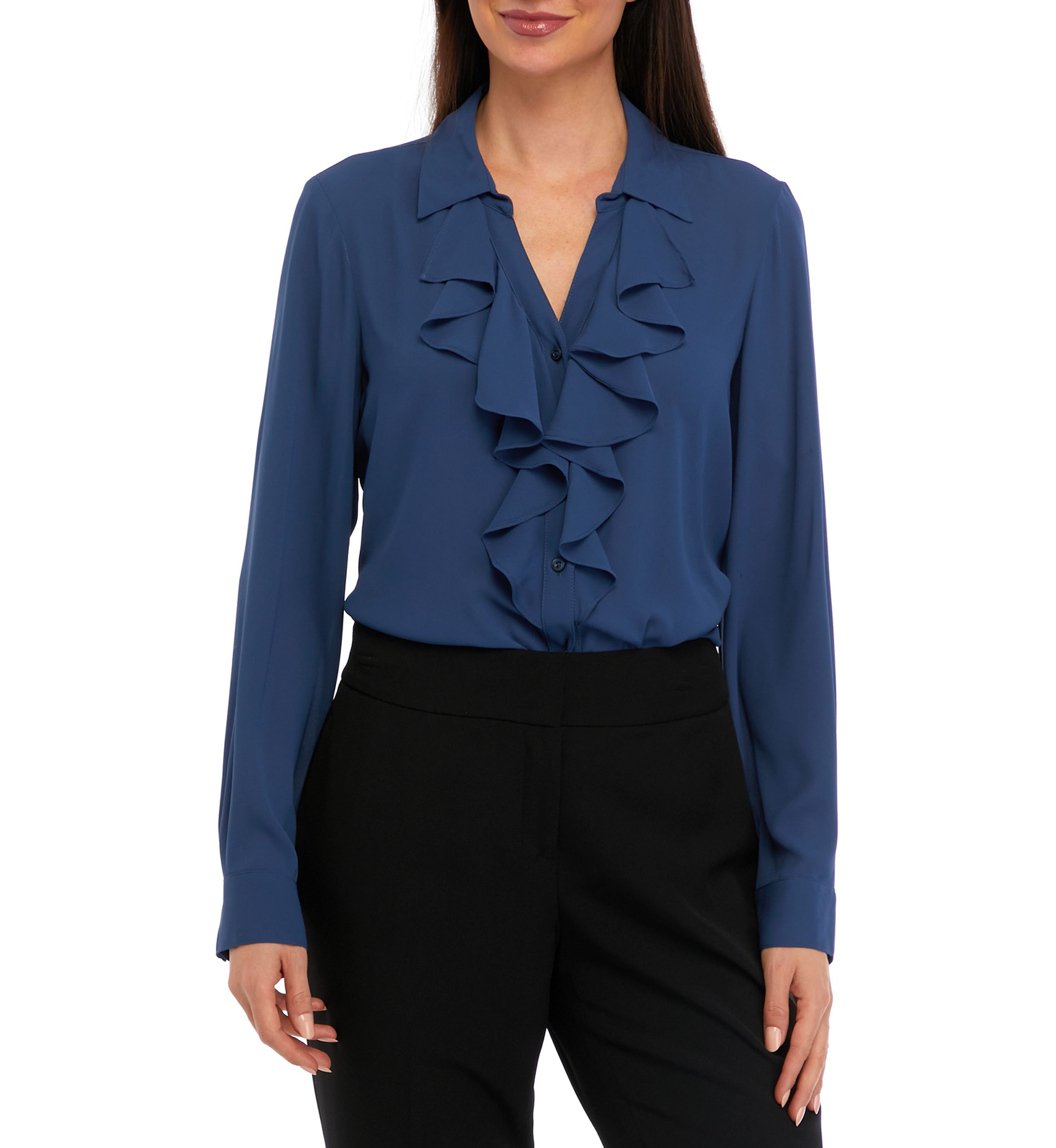 Womens Long Sleeve Ruffle Front Blouse