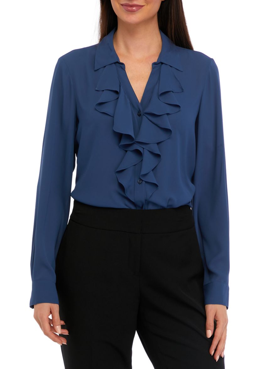 Womens Long Sleeve Ruffle Front Blouse