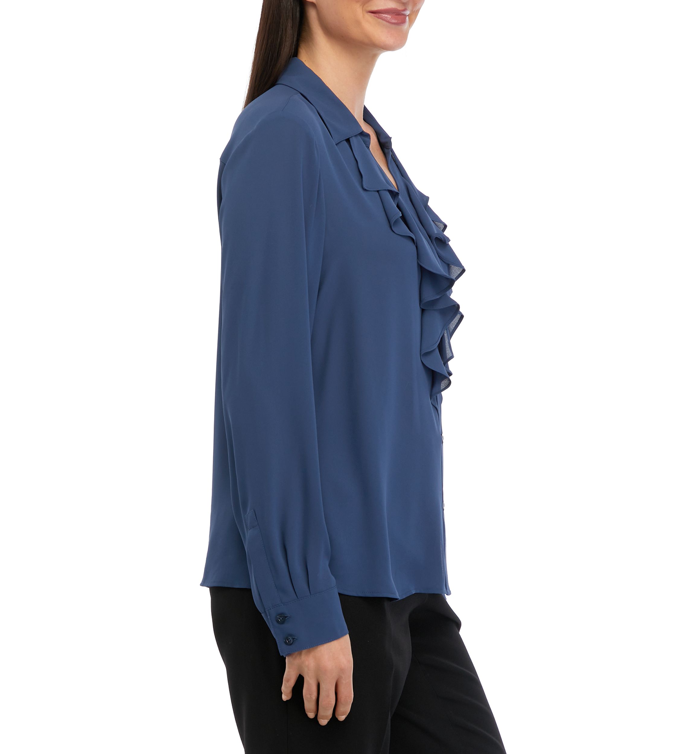 Womens Long Sleeve Ruffle Front Blouse