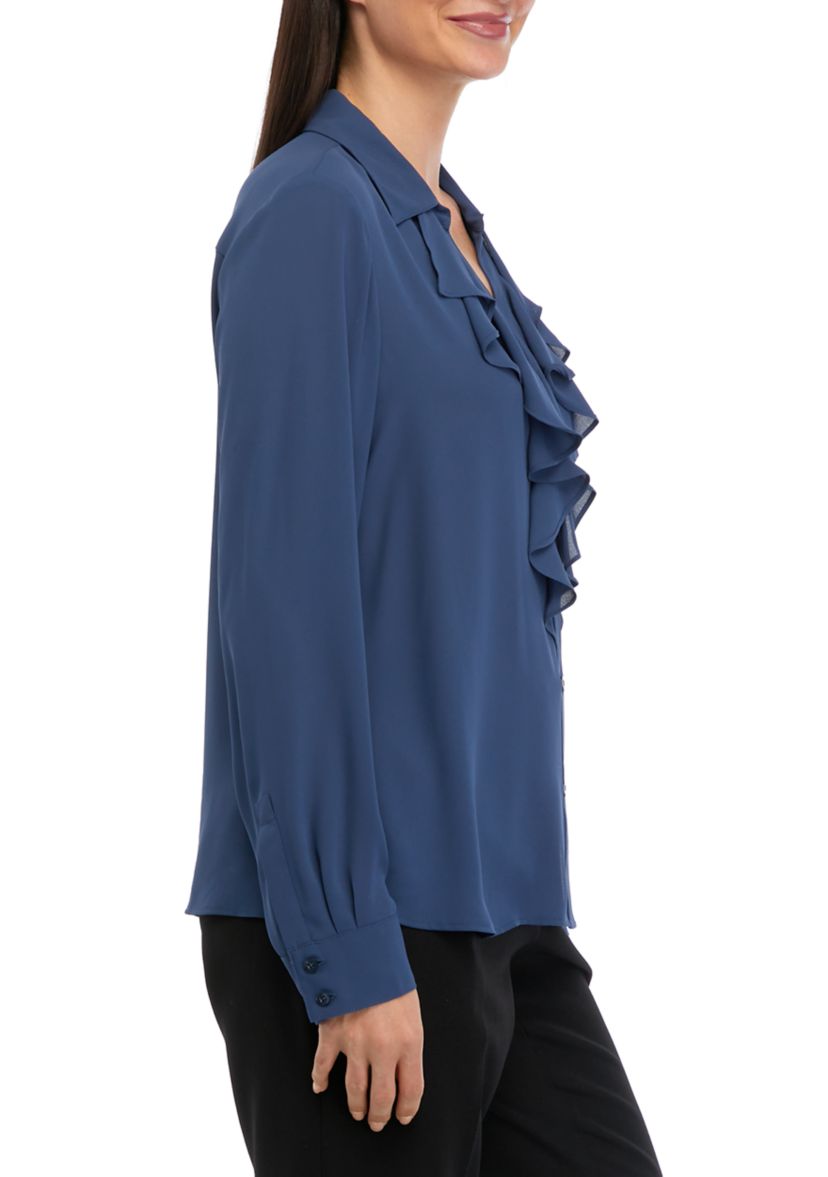 Womens Long Sleeve Ruffle Front Blouse