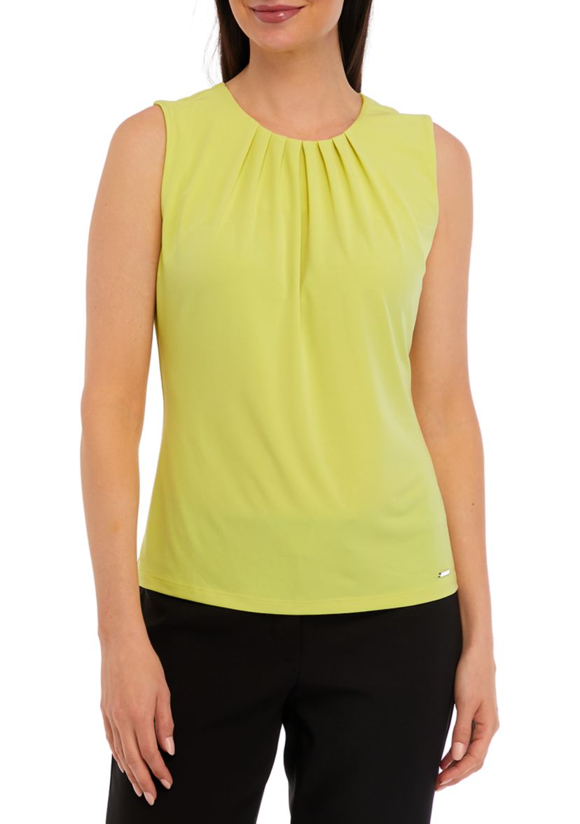 Womens Sleeveless Solid Pleat Neck Cami