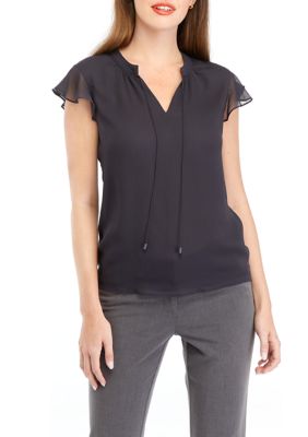 Women's Short Sleeve Tie Neck Solid Blouse