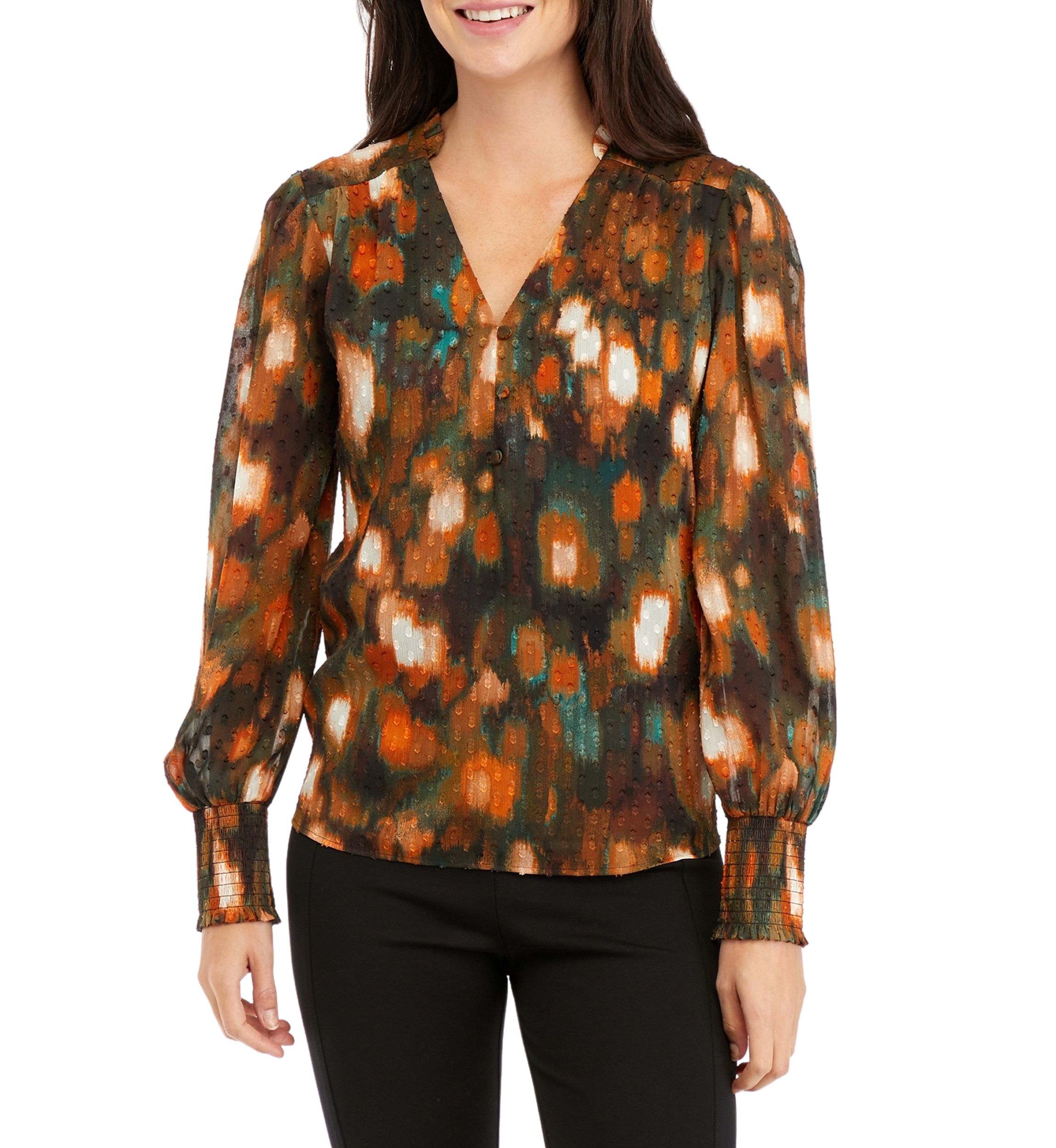 Womens Long Sleeve Printed Clip Dot Smocked Blouse