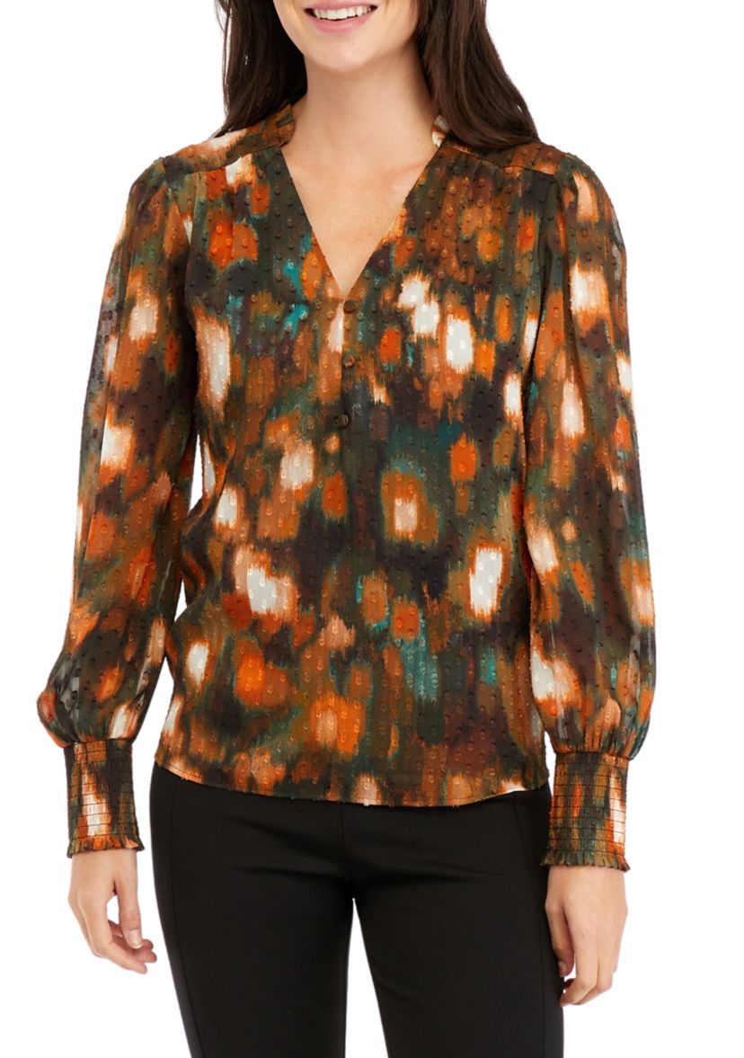Womens Long Sleeve Printed Clip Dot Smocked Blouse