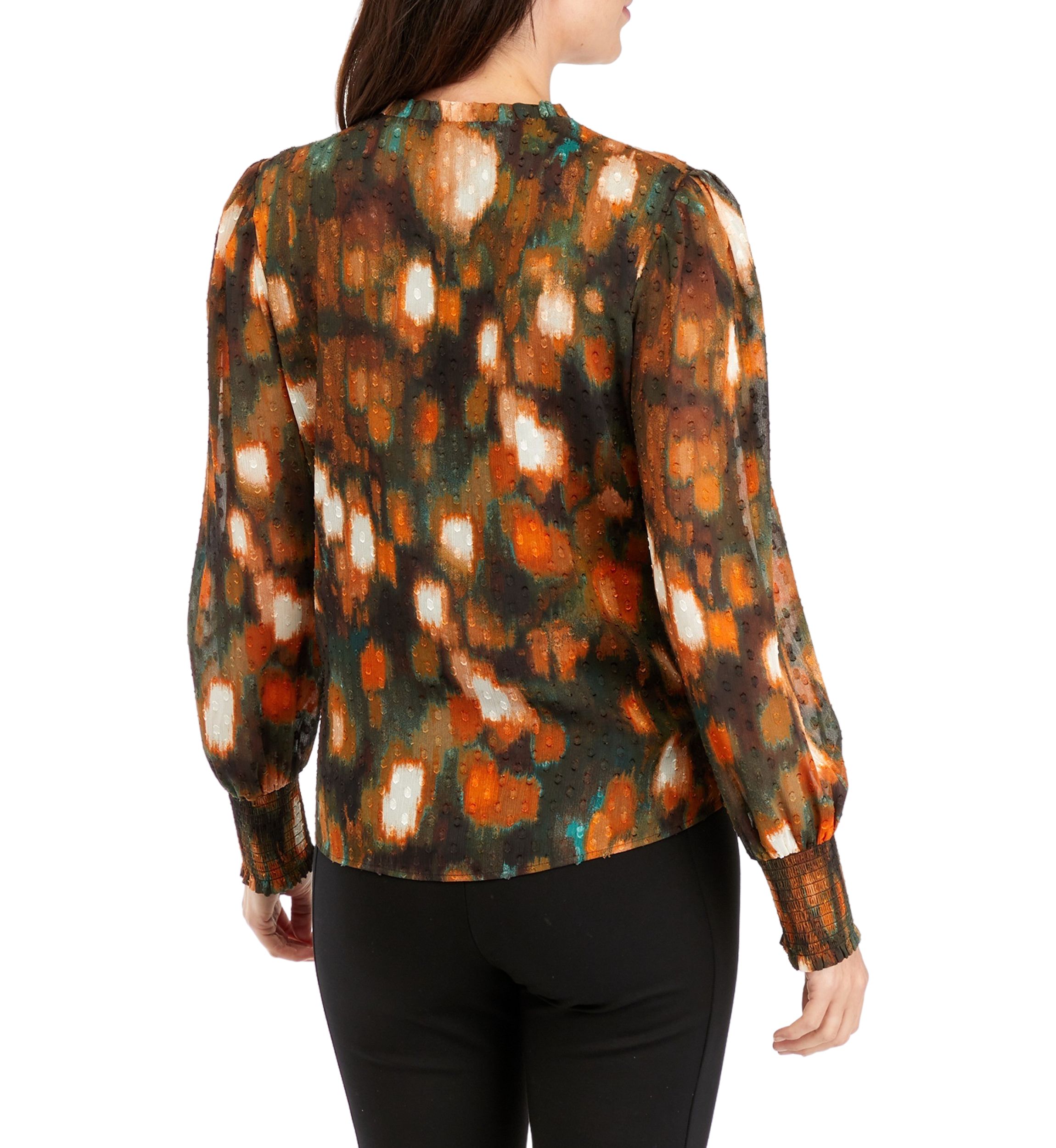 Womens Long Sleeve Printed Clip Dot Smocked Blouse