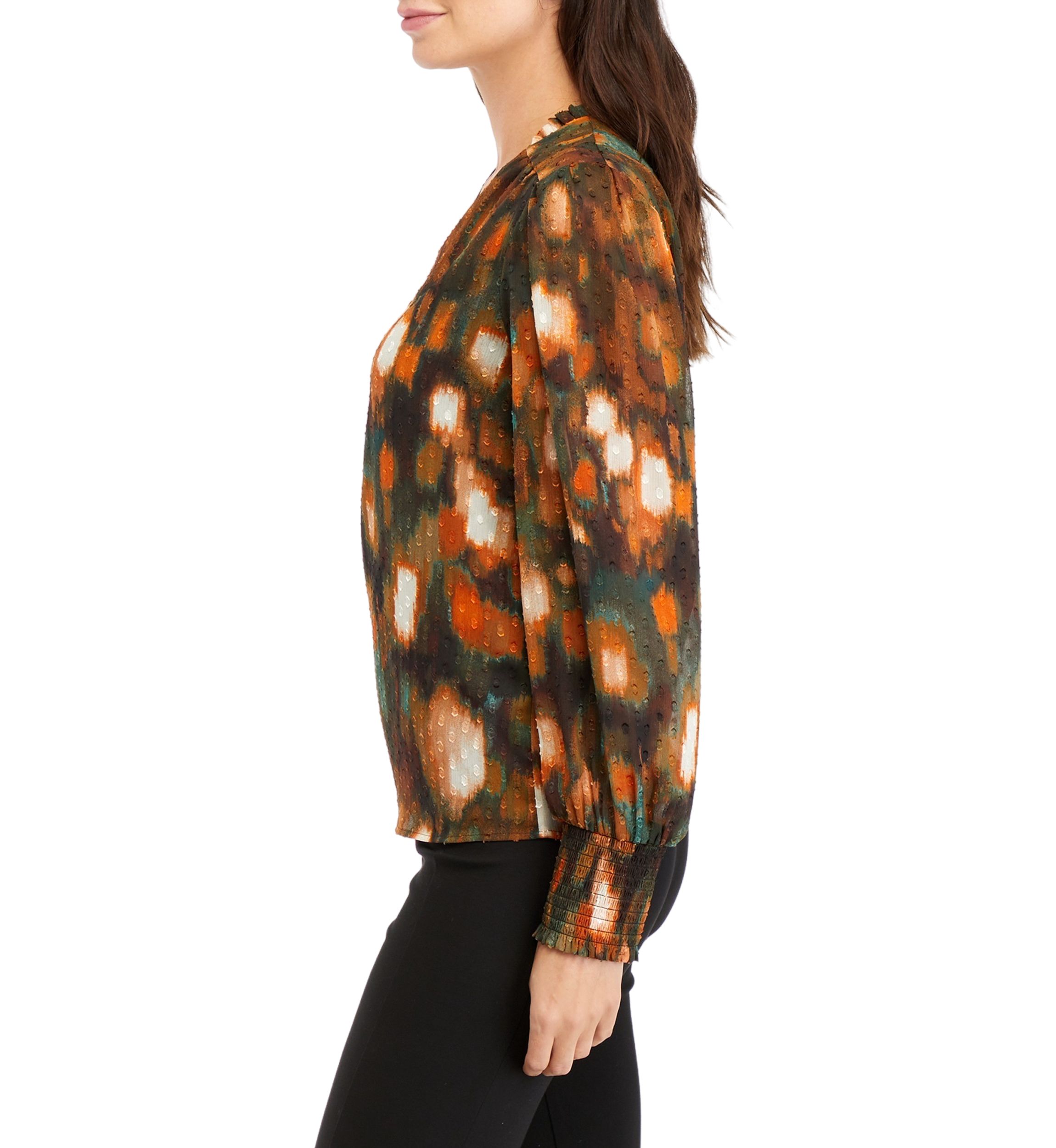 Womens Long Sleeve Printed Clip Dot Smocked Blouse
