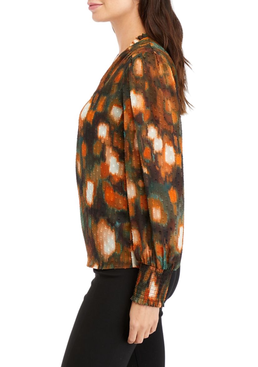 Womens Long Sleeve Printed Clip Dot Smocked Blouse