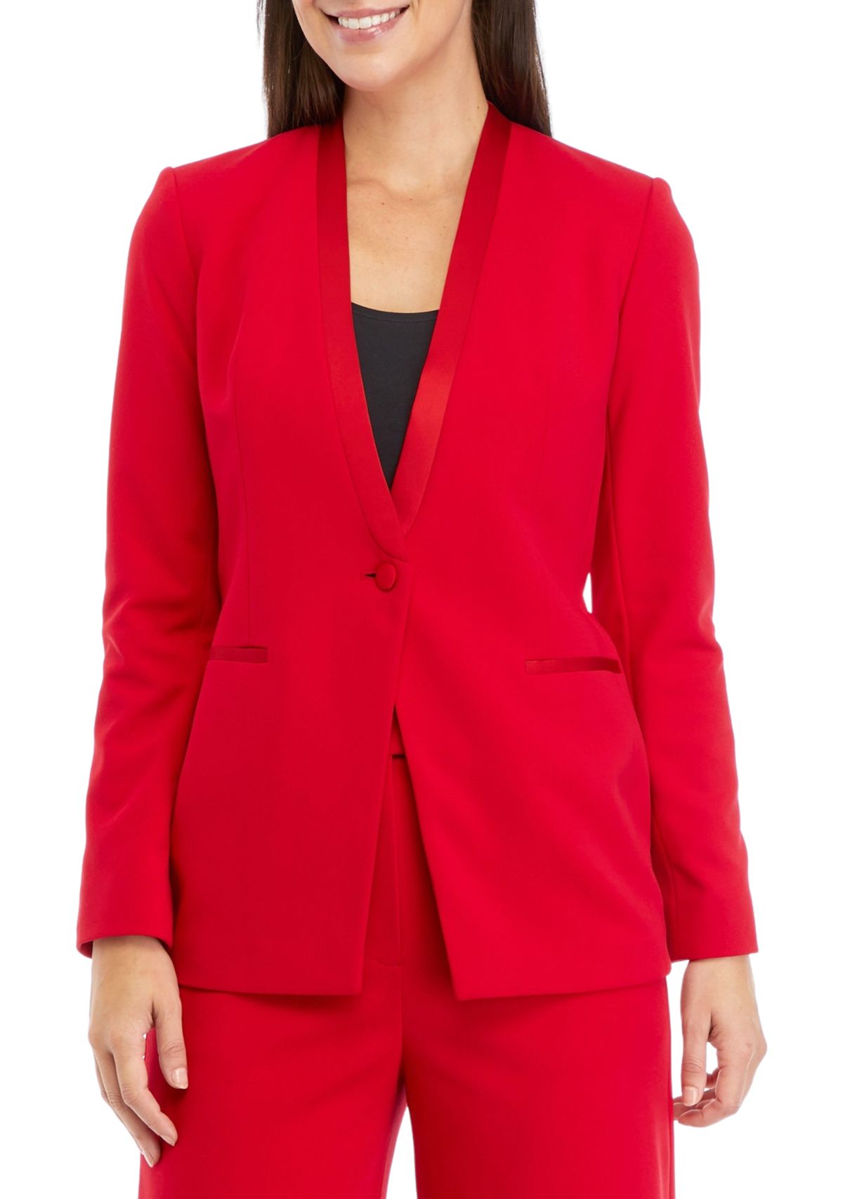 Womens Long Sleeve Tuxedo Collarless Jacket with Satin Trim