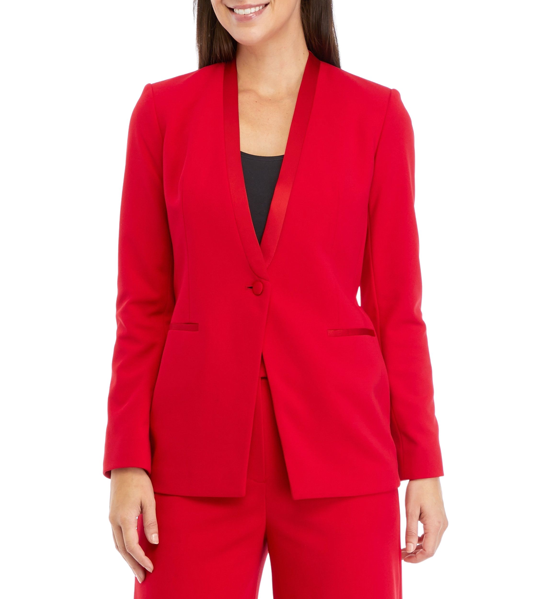 Womens Long Sleeve Tuxedo Collarless Jacket with Satin Trim