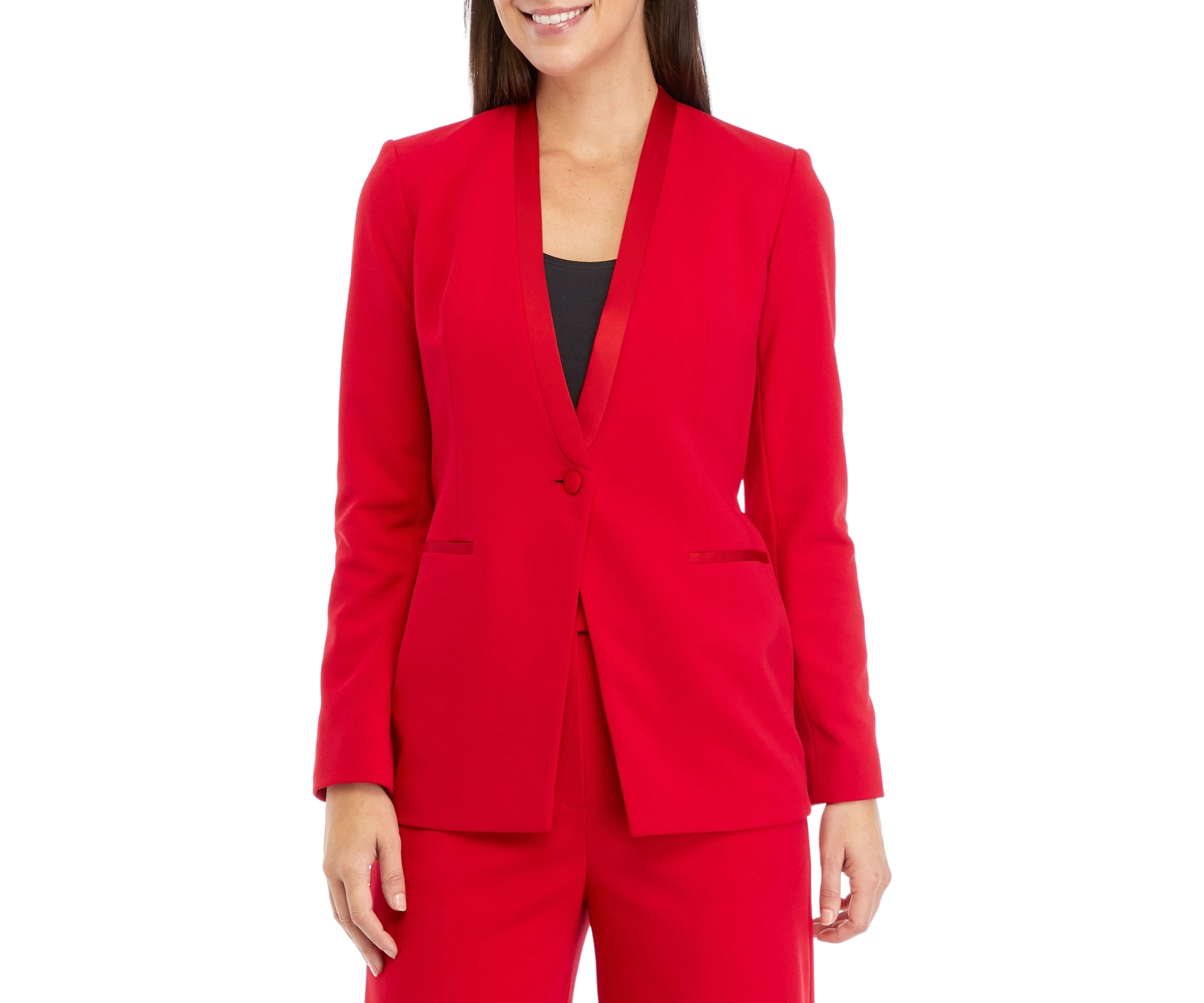 Womens Long Sleeve Tuxedo Collarless Jacket with Satin Trim