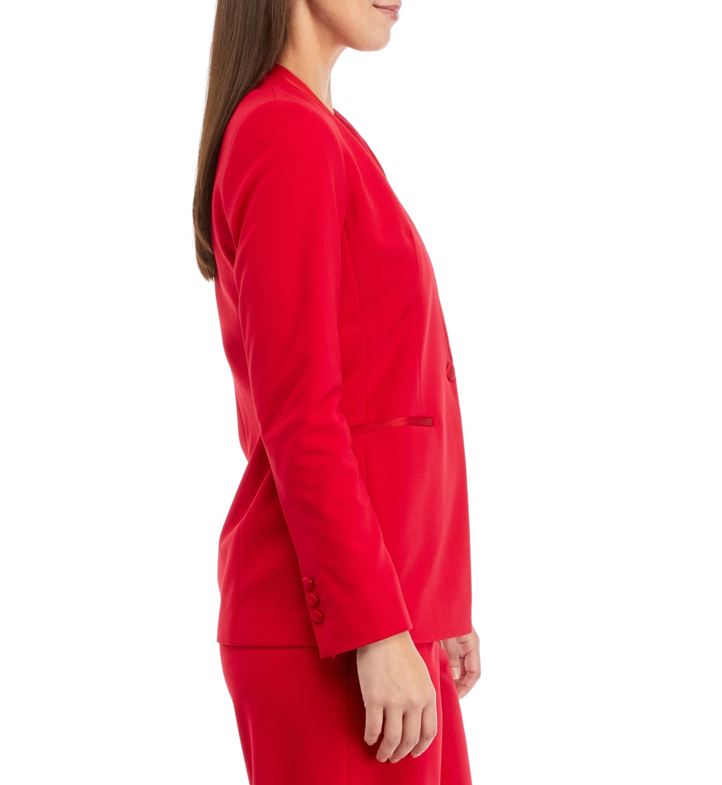 Womens Long Sleeve Tuxedo Collarless Jacket with Satin Trim