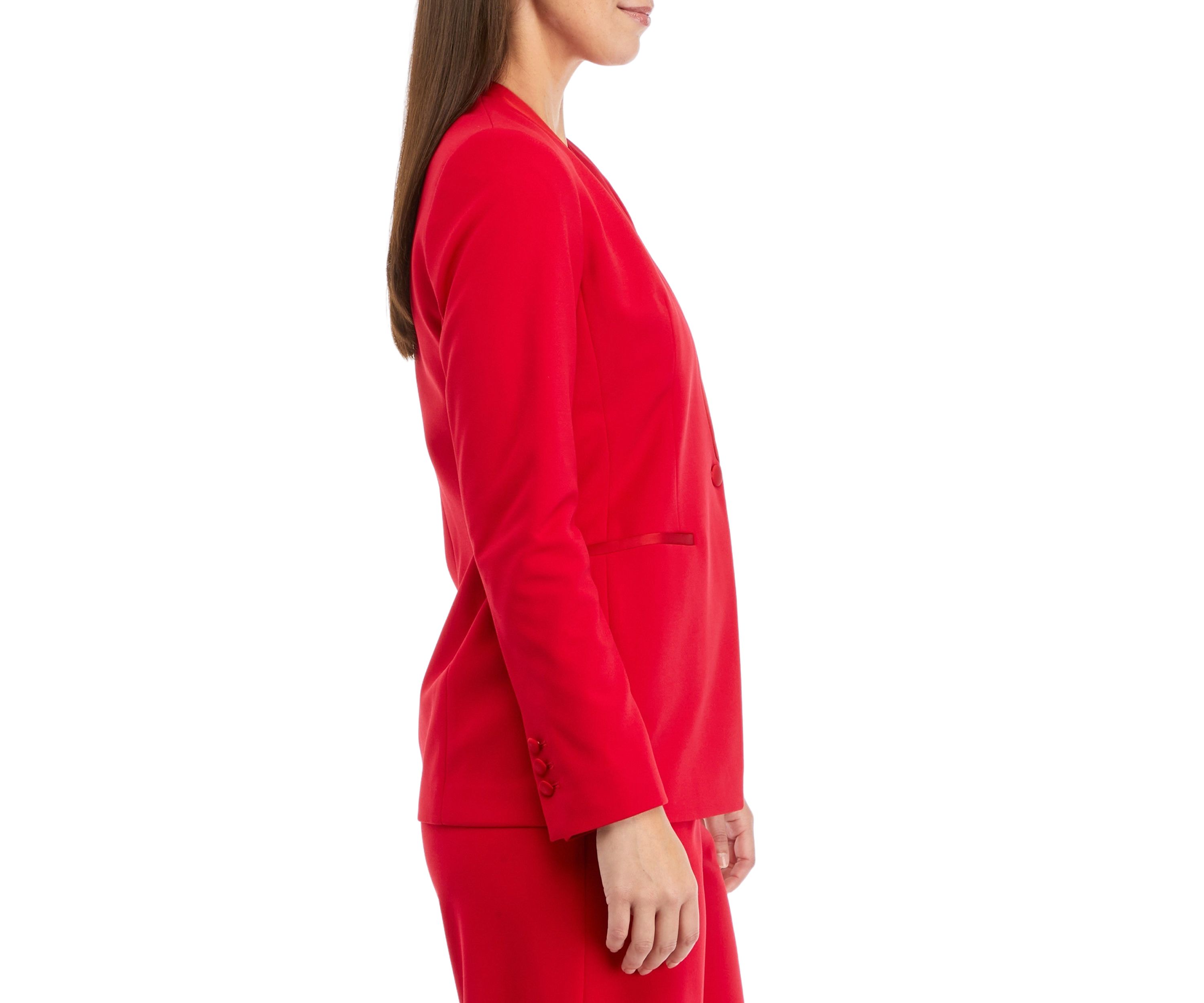 Womens Long Sleeve Tuxedo Collarless Jacket with Satin Trim