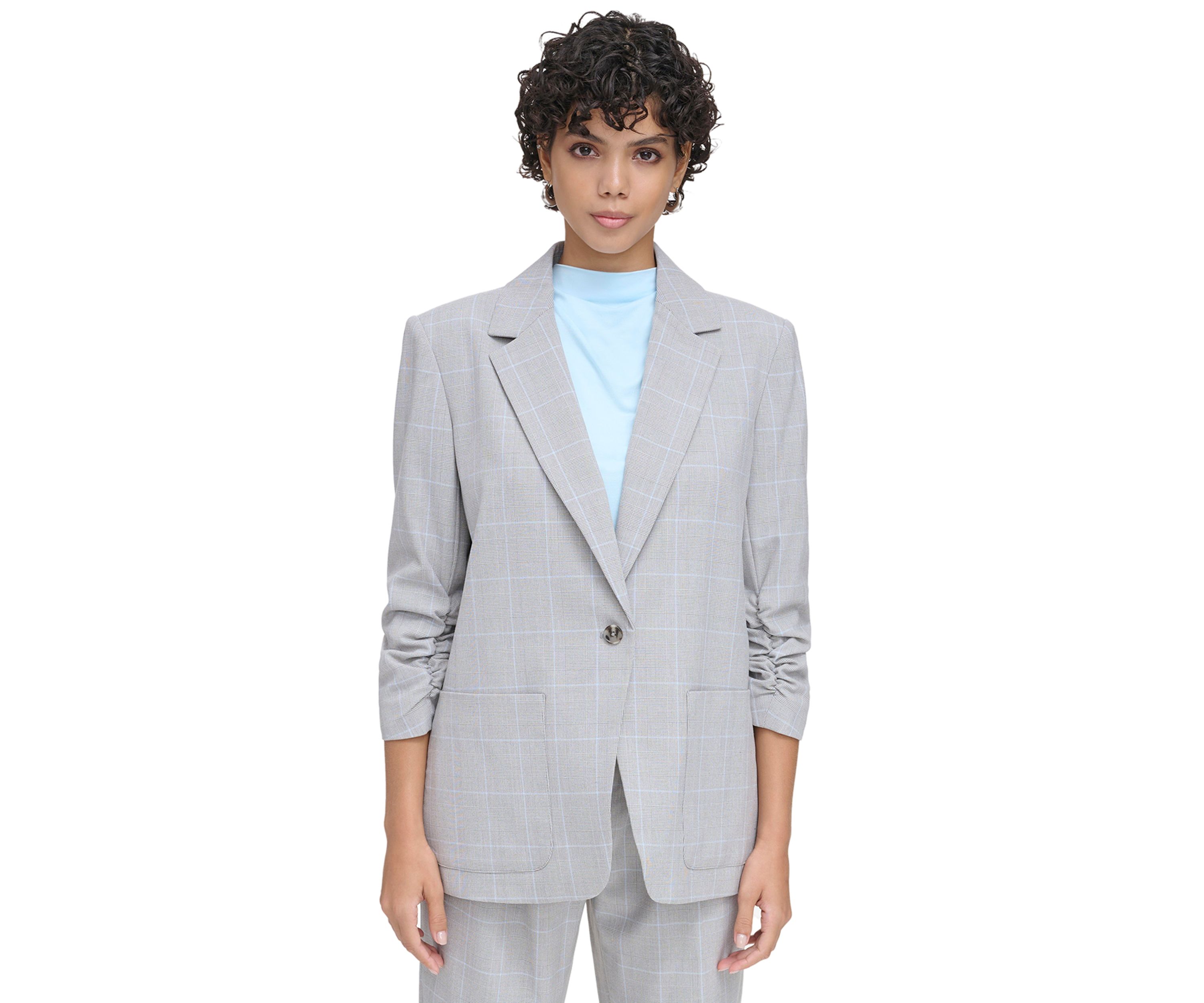 Womens Plaid 1 Button Scrunch Sleeve Jacket