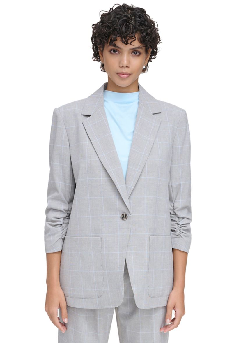 Womens Plaid 1 Button Scrunch Sleeve Jacket