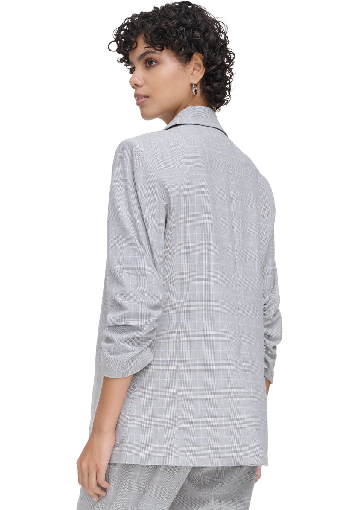 Womens Plaid 1 Button Scrunch Sleeve Jacket