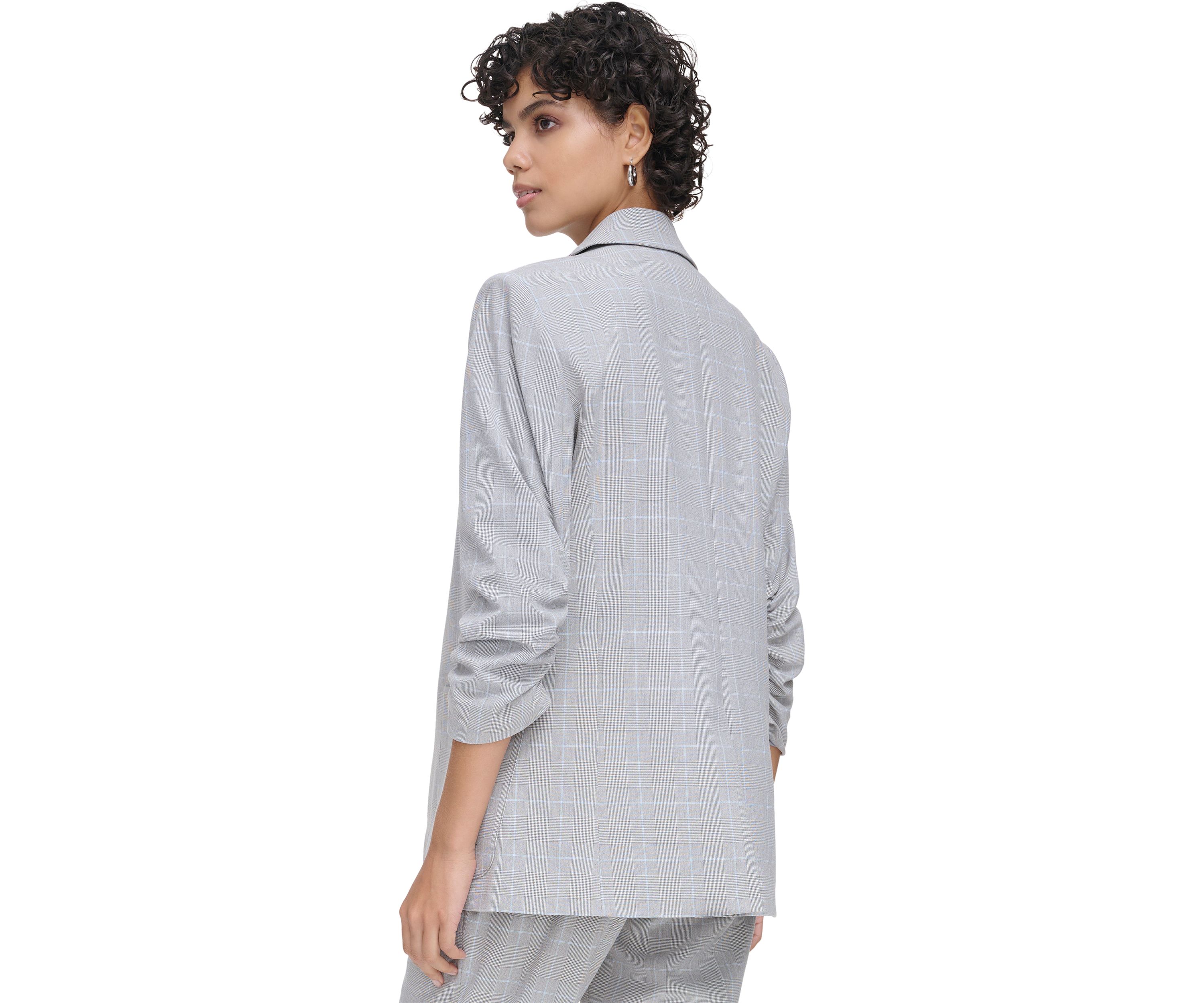 Womens Plaid 1 Button Scrunch Sleeve Jacket