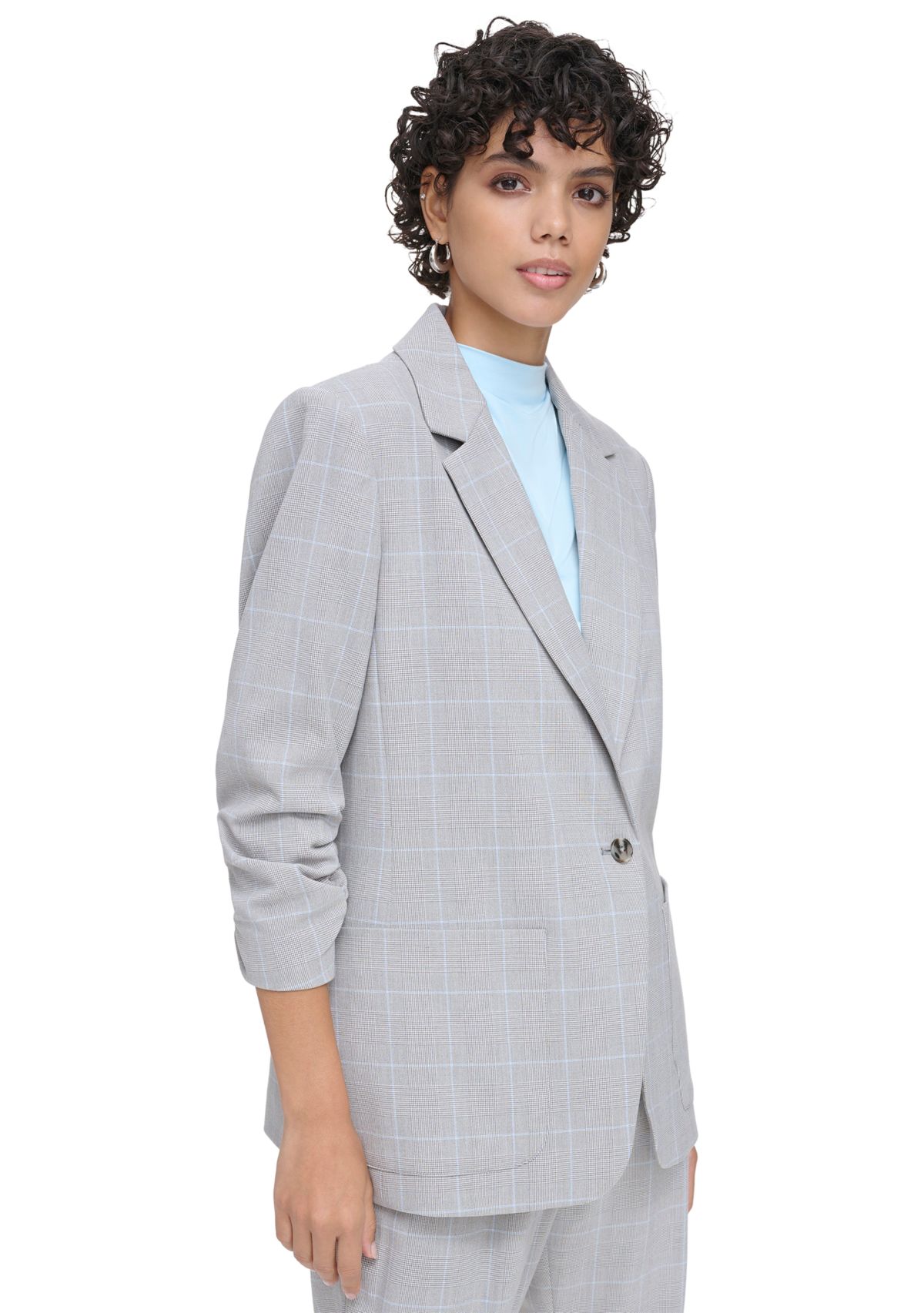 Womens Plaid 1 Button Scrunch Sleeve Jacket
