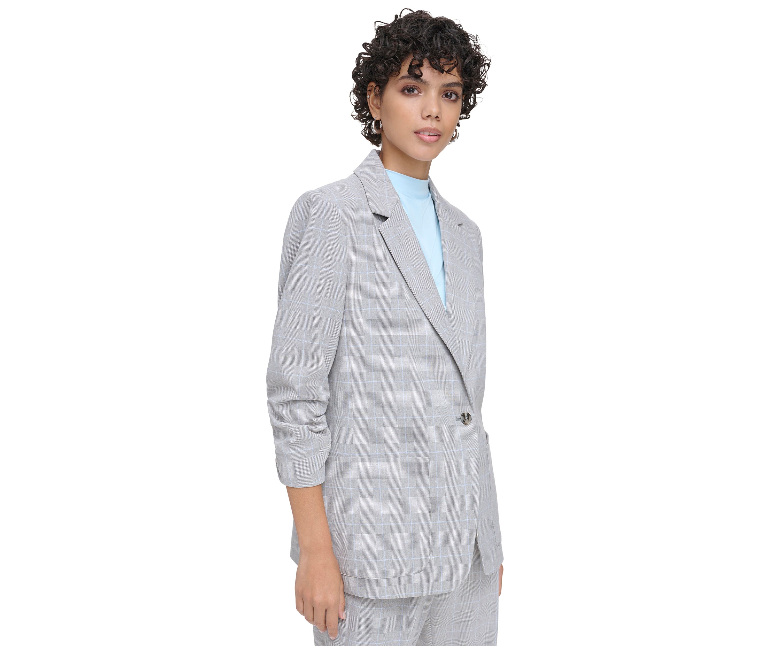 Womens Plaid 1 Button Scrunch Sleeve Jacket