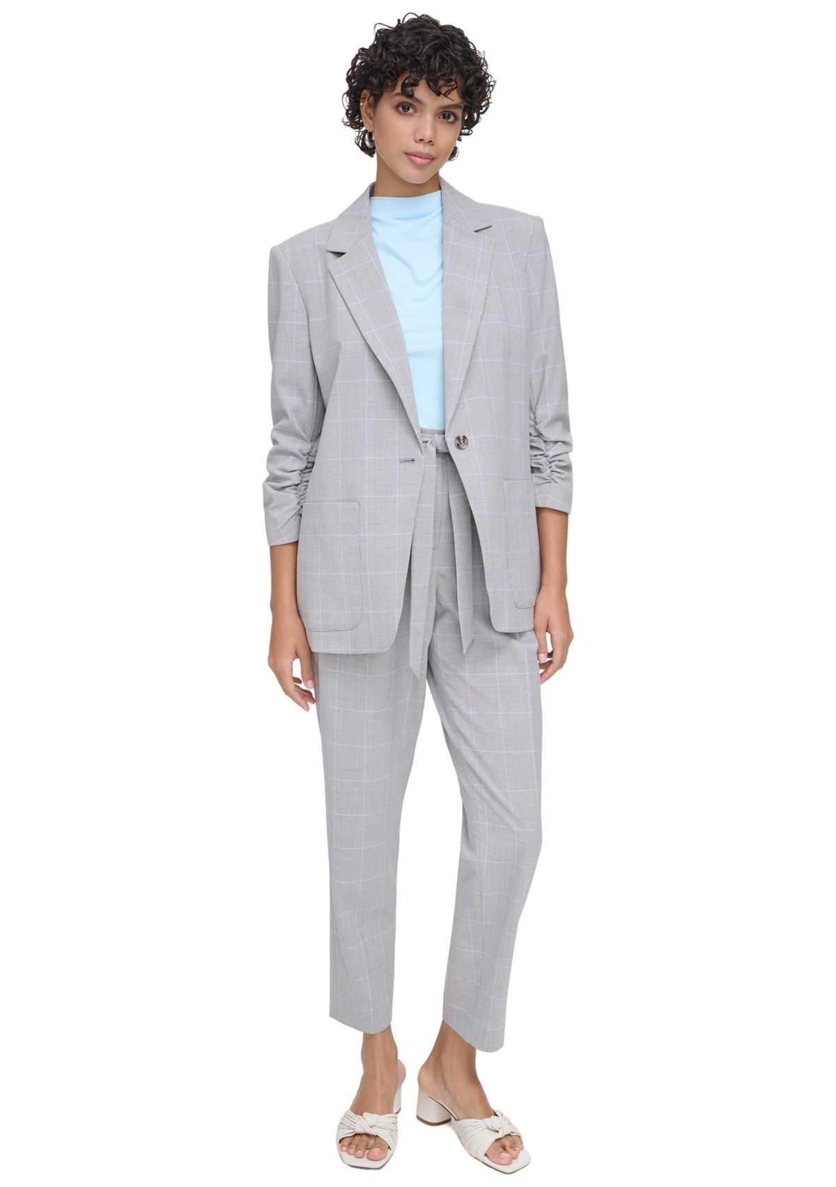 Womens Plaid 1 Button Scrunch Sleeve Jacket