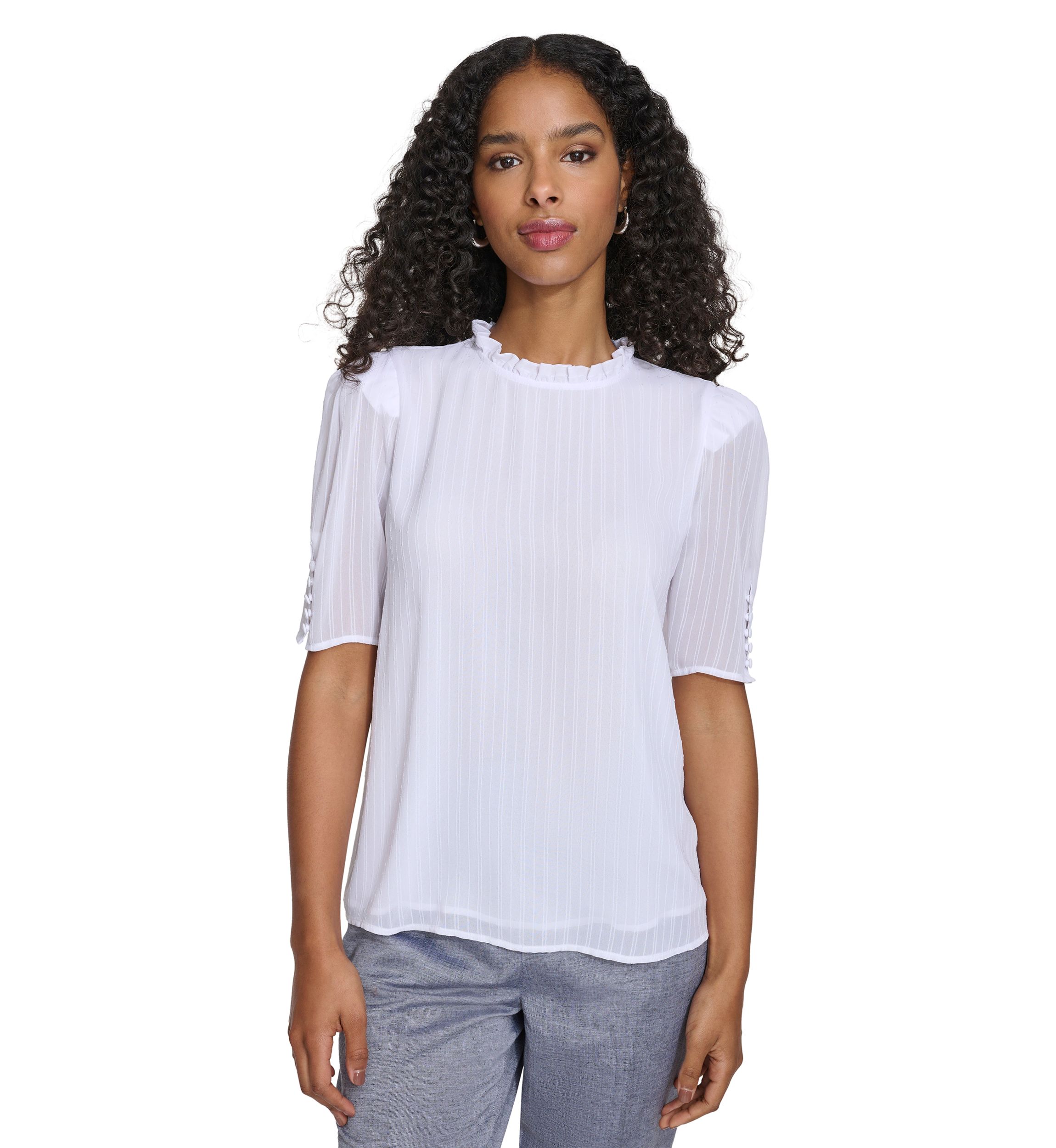 Womens Short Sleeve Ruffle Neckline Blouse