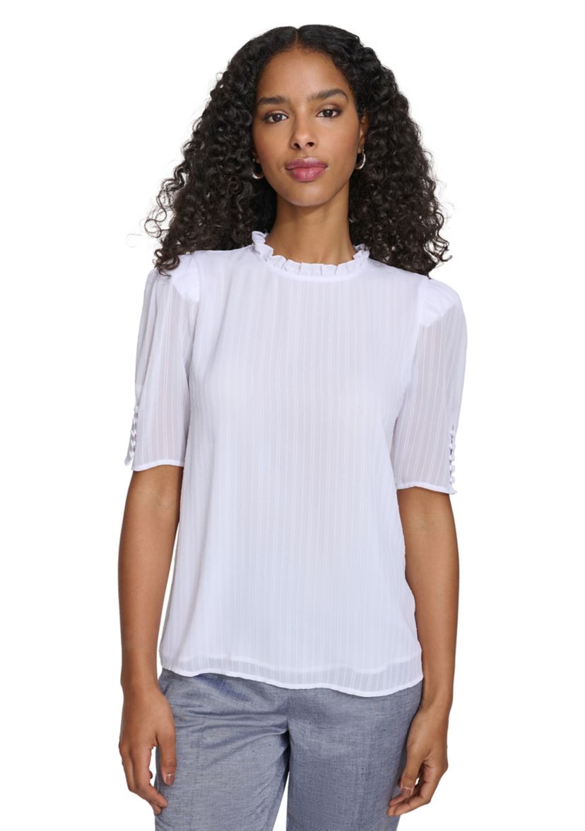 Womens Short Sleeve Ruffle Neckline Blouse